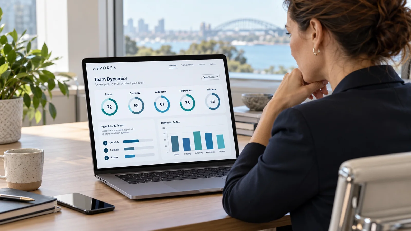 An HR leader reviewing ASPOREA Team Dynamics results on a laptop