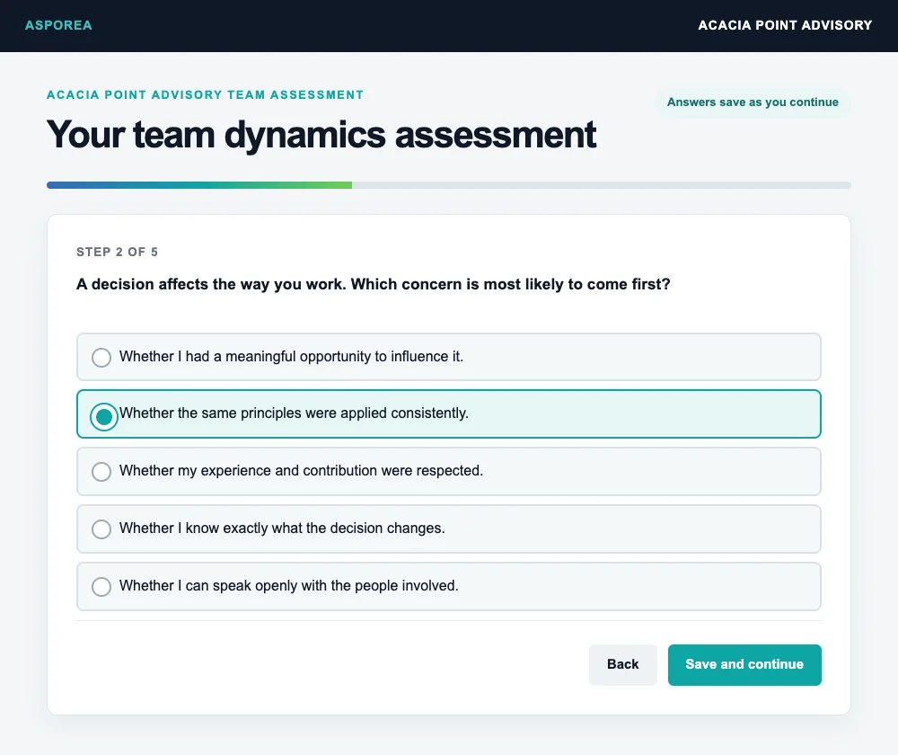 Online assessment question asking a participant to choose between two workplace needs