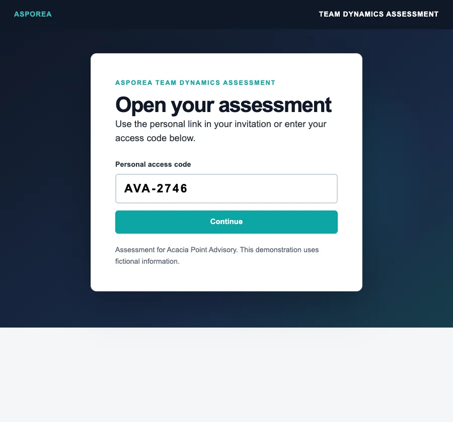 Private assessment access screen for fictional organisation Acacia Point Advisory